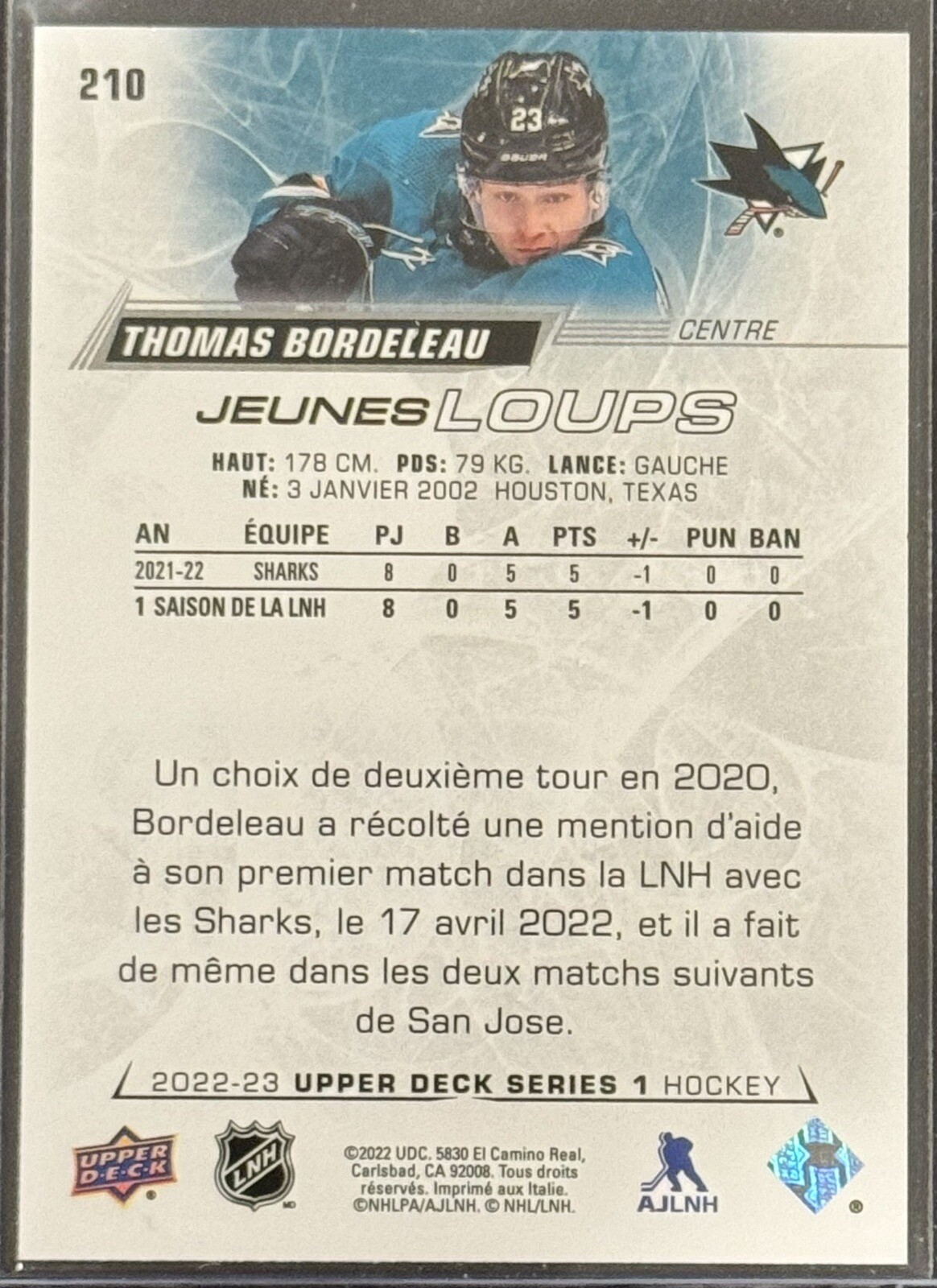 22-23 UPPER DECK SERIES 1 THOMAS BORDELEAU JEUNES LOUPS 210 FRENCH YOUNG GUNS