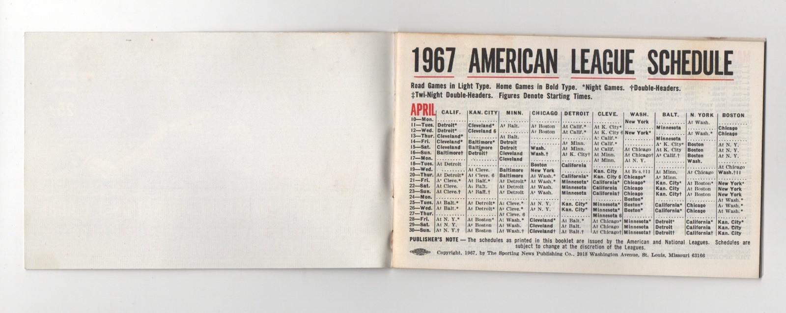 1967 TSN Official AL & NL Regular Season SCHEDULE and RECORDS BOOKLET