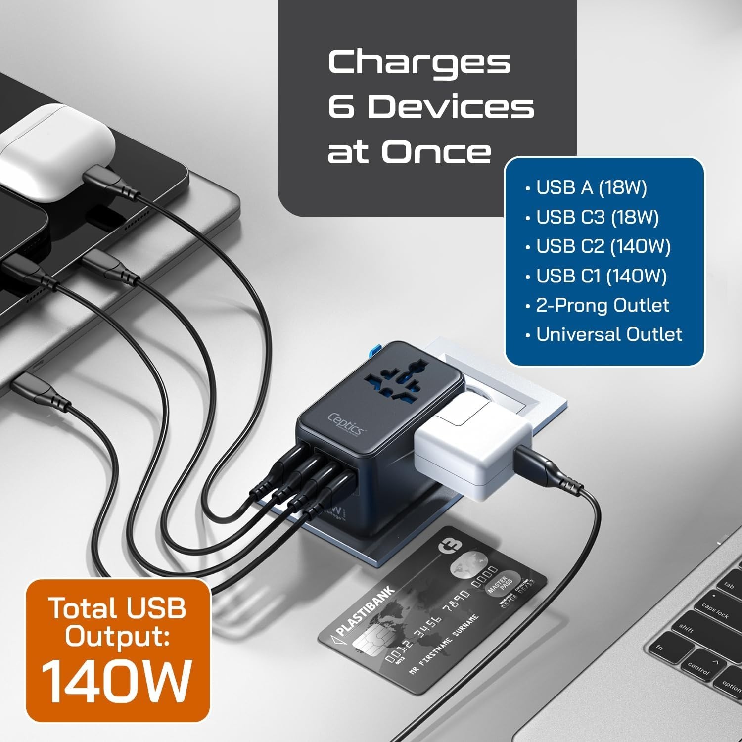 Ceptics 6-in-1 International Adapter, 140W PD USB-C, 1USB-A/3USB-C,CE/RoHS