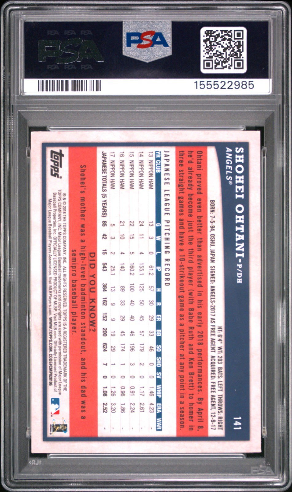 2018 TOPPS BIG LEAGUE 141 SHOHEI OHTANI GOLD PSA 7