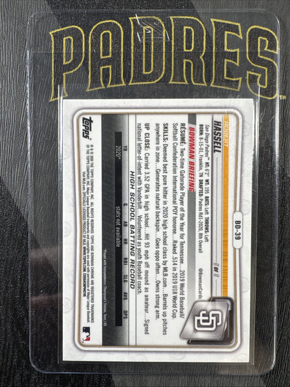 2020 Bowman Robert Hassell III 1st Chrome #BD39 Padres Washington Nationals