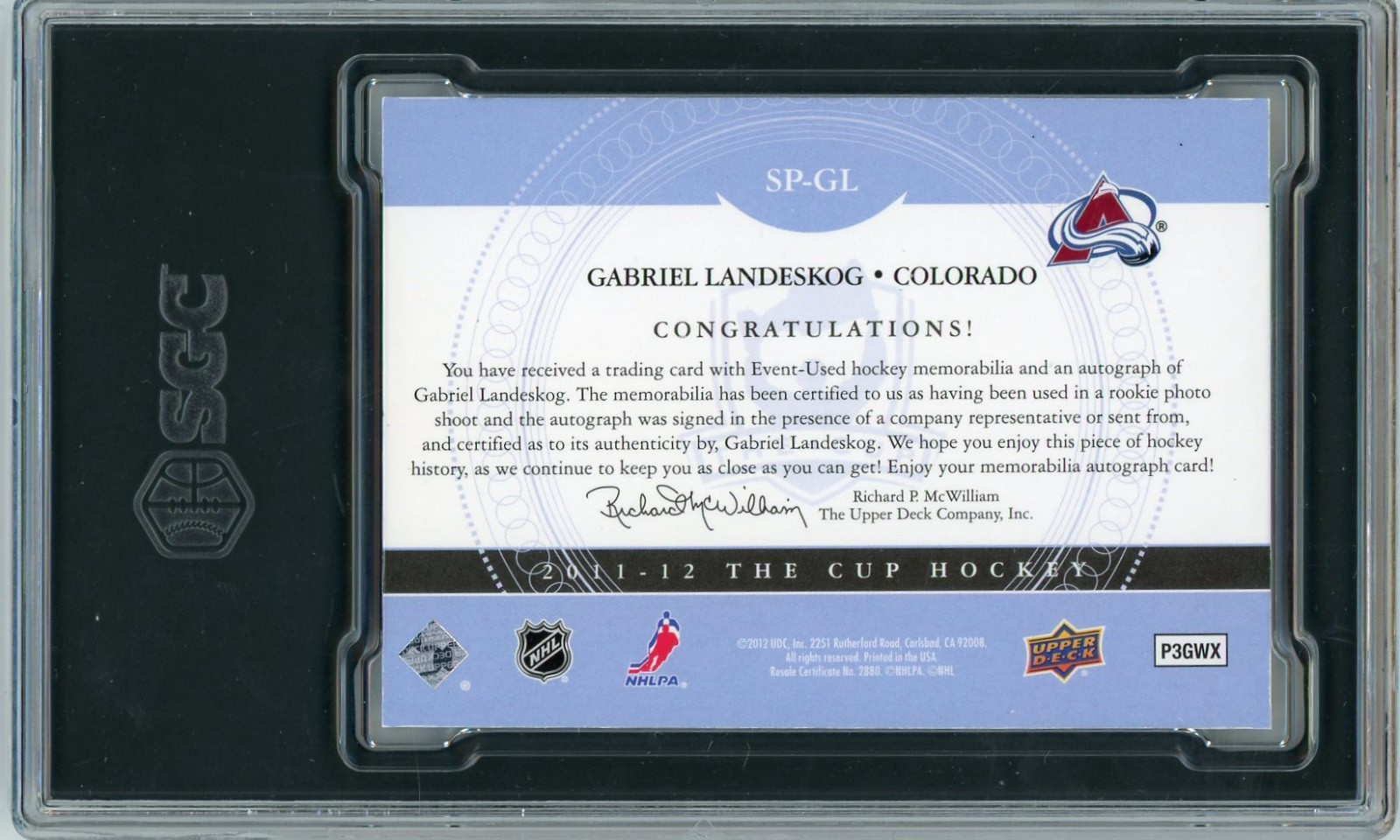 SGC 8 Gabriel Landeskog RC 2021-22 UD The Cup Signature Patches Auto 7/75