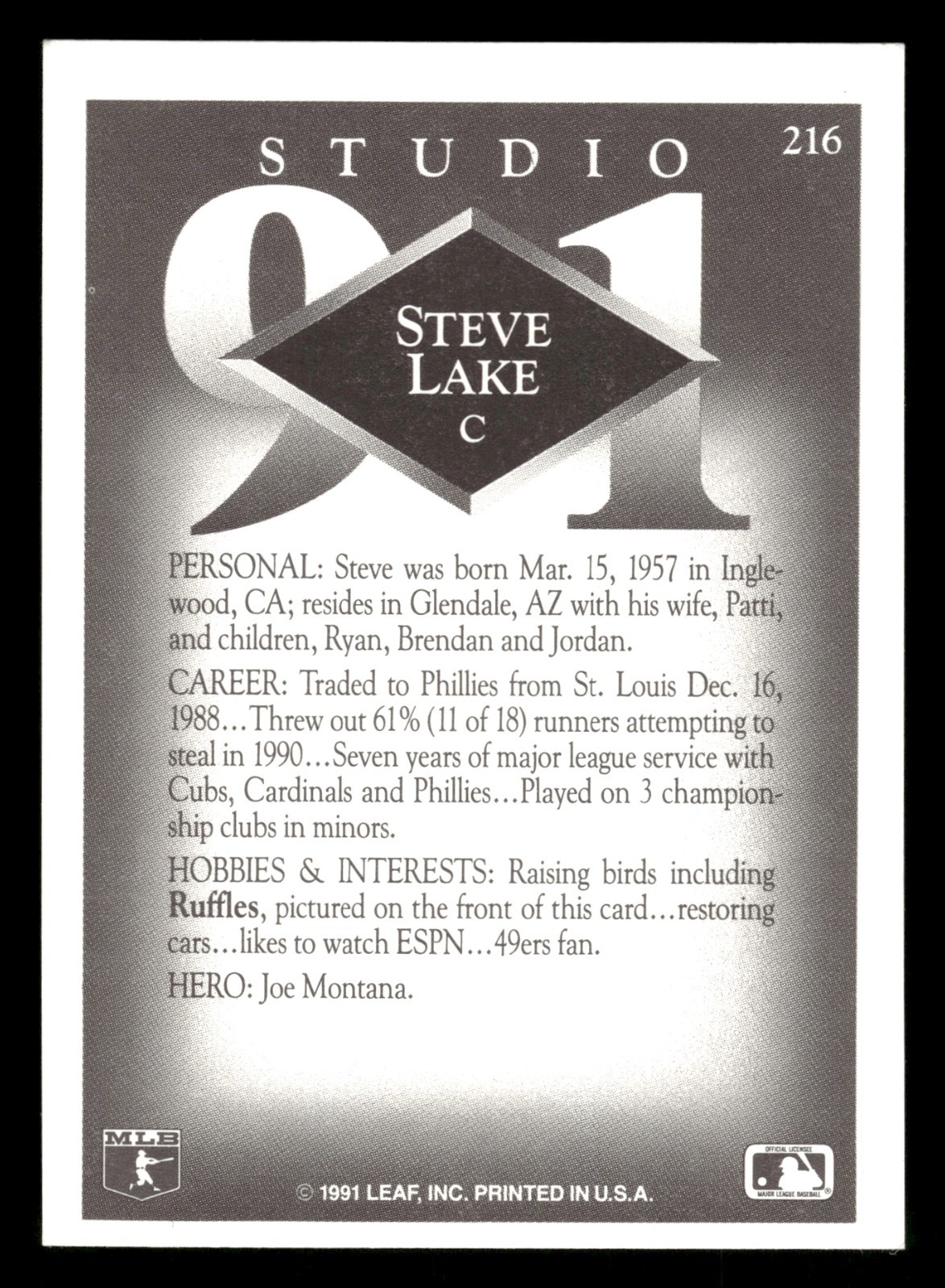 1991 Studio Baseball Card #216 Steve Lake