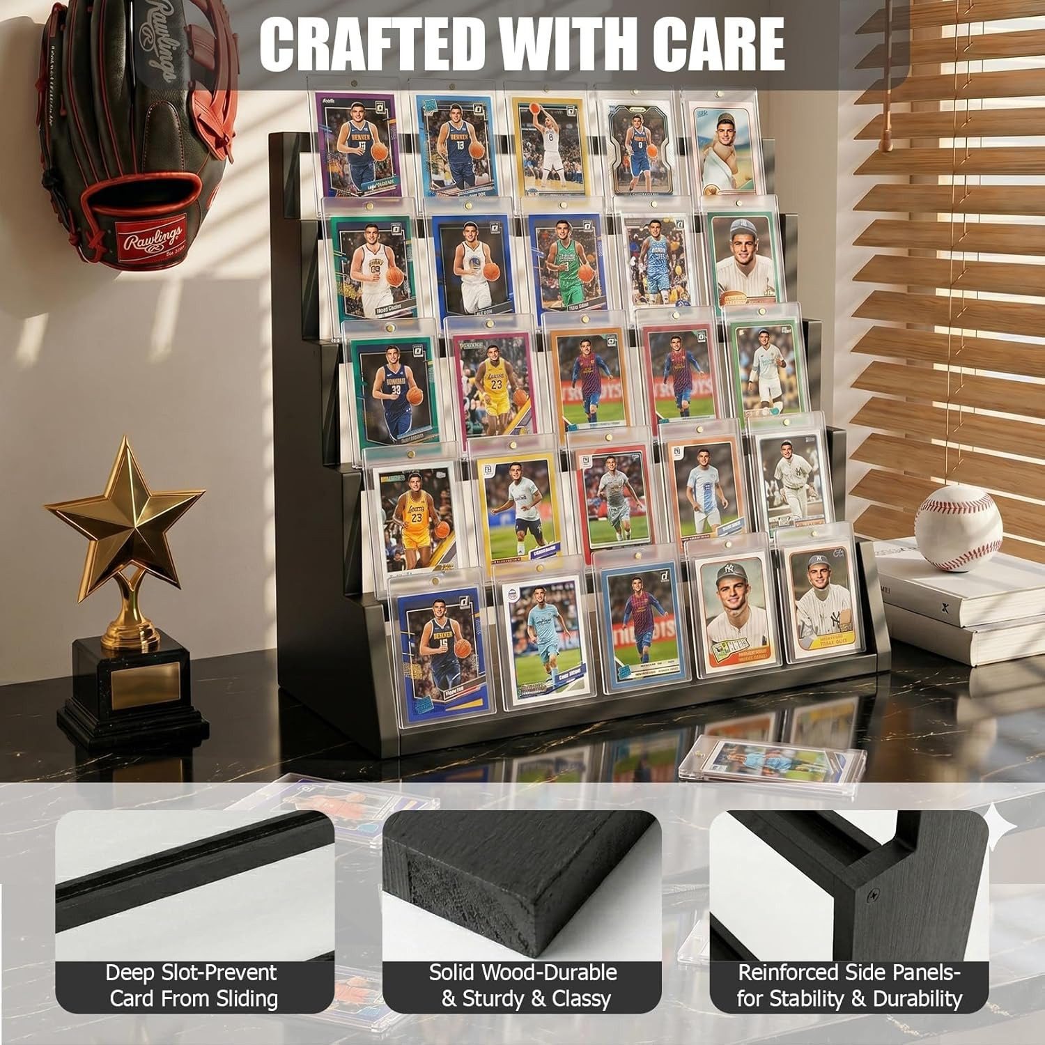 5 Tier Wooden Card Display Stand – Vertical Card Holder Display for Trading Card