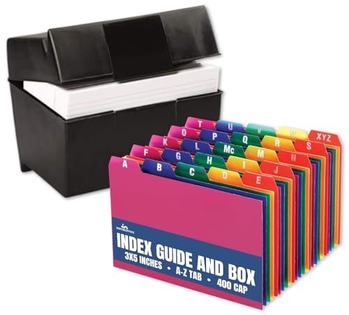 Index Card Box 3×5 Inch – 400 Capacity Holder with A-Z Guide Set & Tabs