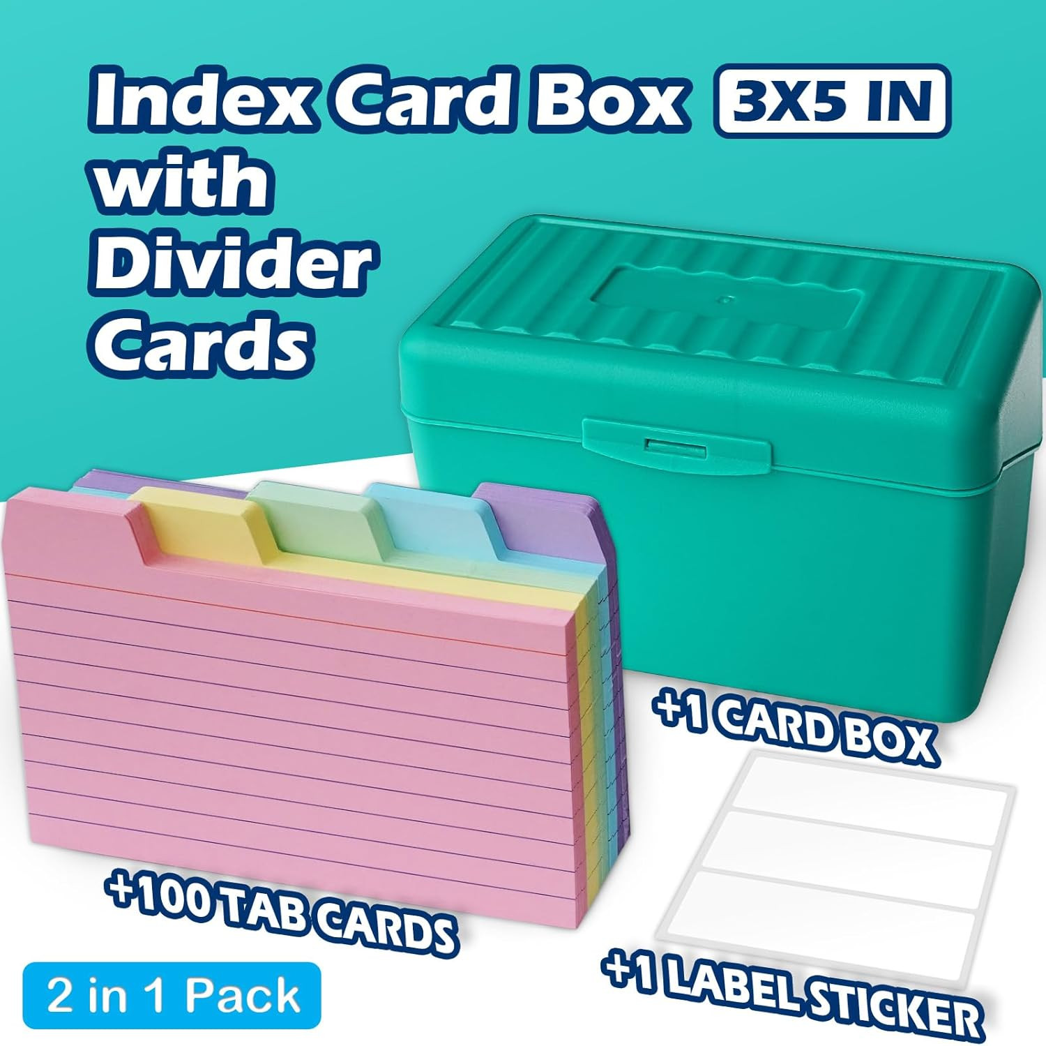 3X5 Index Card Holder Box with 100 Cards Dividers Tabs 3″X 5″, Teal