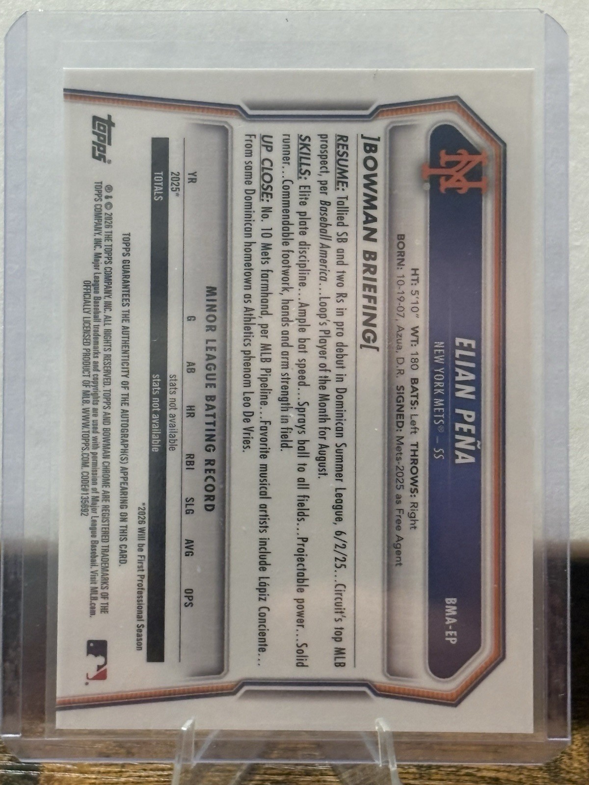 Elian Pena 2026 Bowman Mega Box #BMA-EP Mojo Refractor Chrome Prospect Auto
