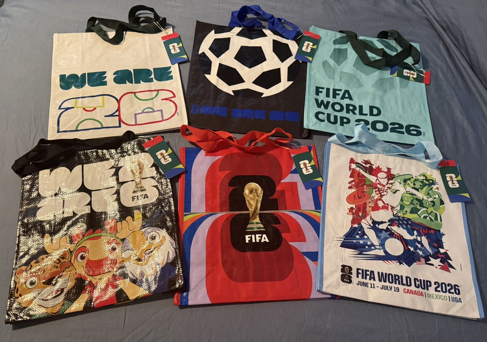 Lot of 6 FIFA World Cup Soccer 2026 Large Reusable Grocery Shopping Bag Bundle