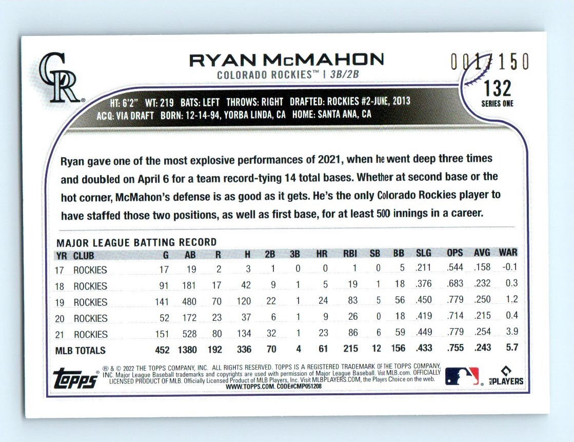2022 Topps 1st Edition Green Ryan McMahon 1/150 Colorado Rockies #132 Serial #1!