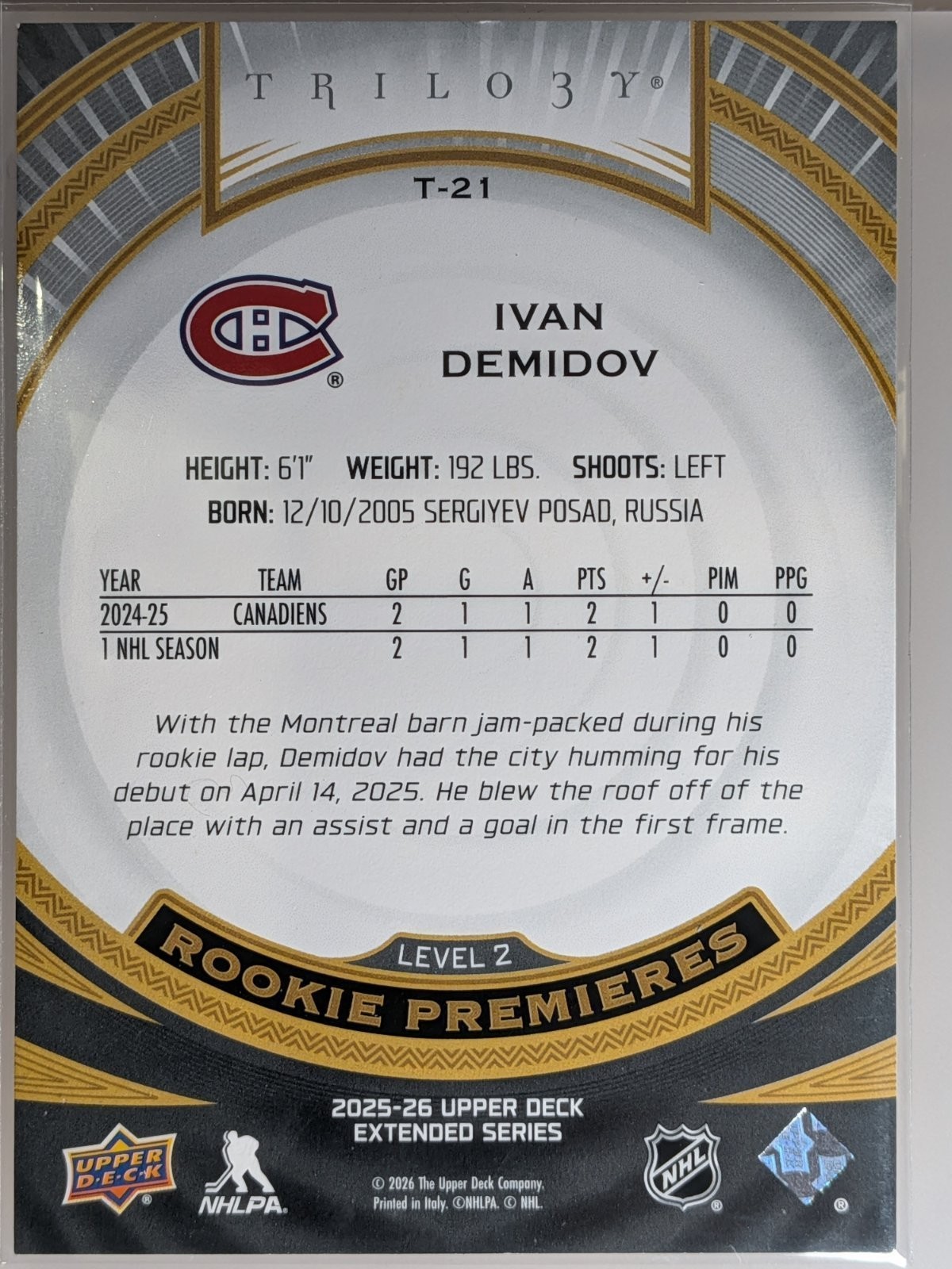 2025-26 Ivan Demidov Upper Deck Trilogy Trilogy level 2 #T-21 RC /499