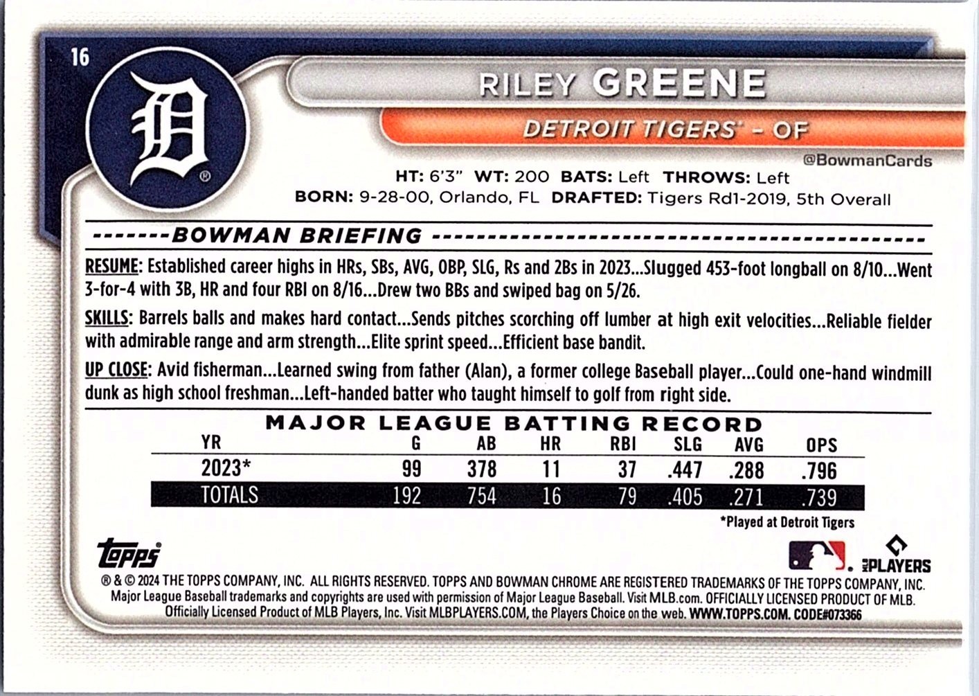 2024 Bowman Chrome – Riley Greene #16 Mega Box Navy Blue Mojo Refractor /175