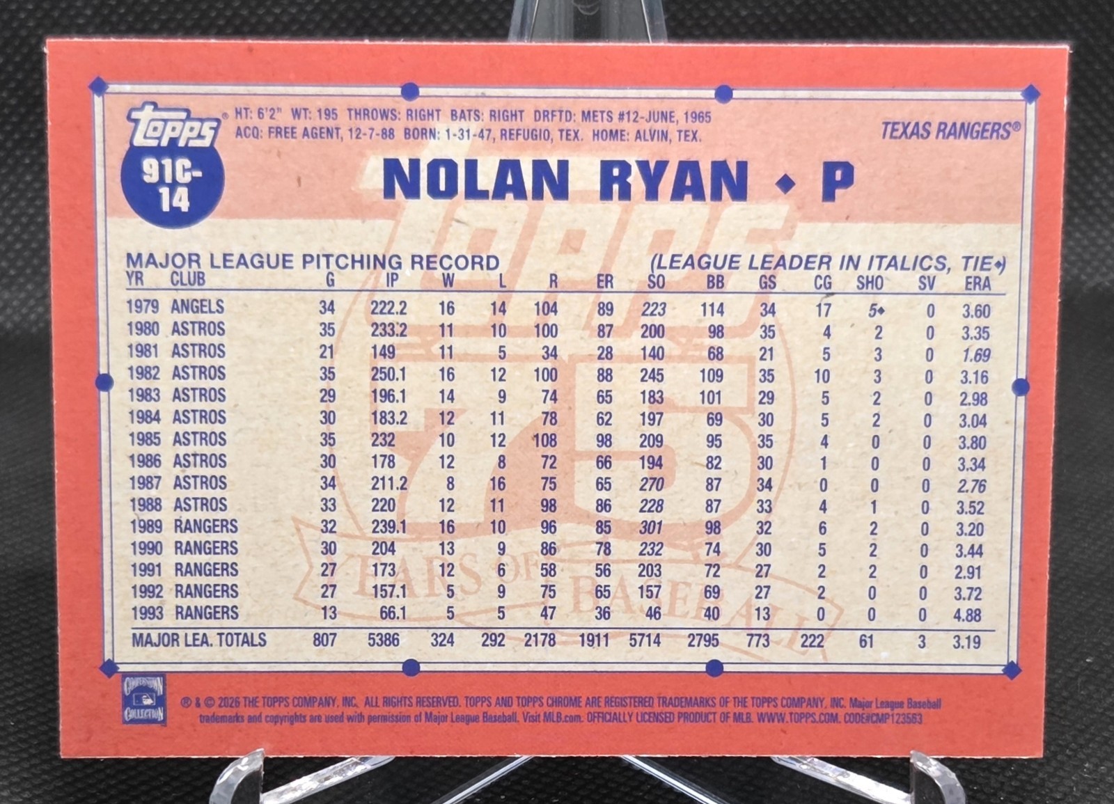 2026 Topps Nolan Ryan 1991 Topps Silver Pack Aqua Refractor /199 Rangers #91C-14