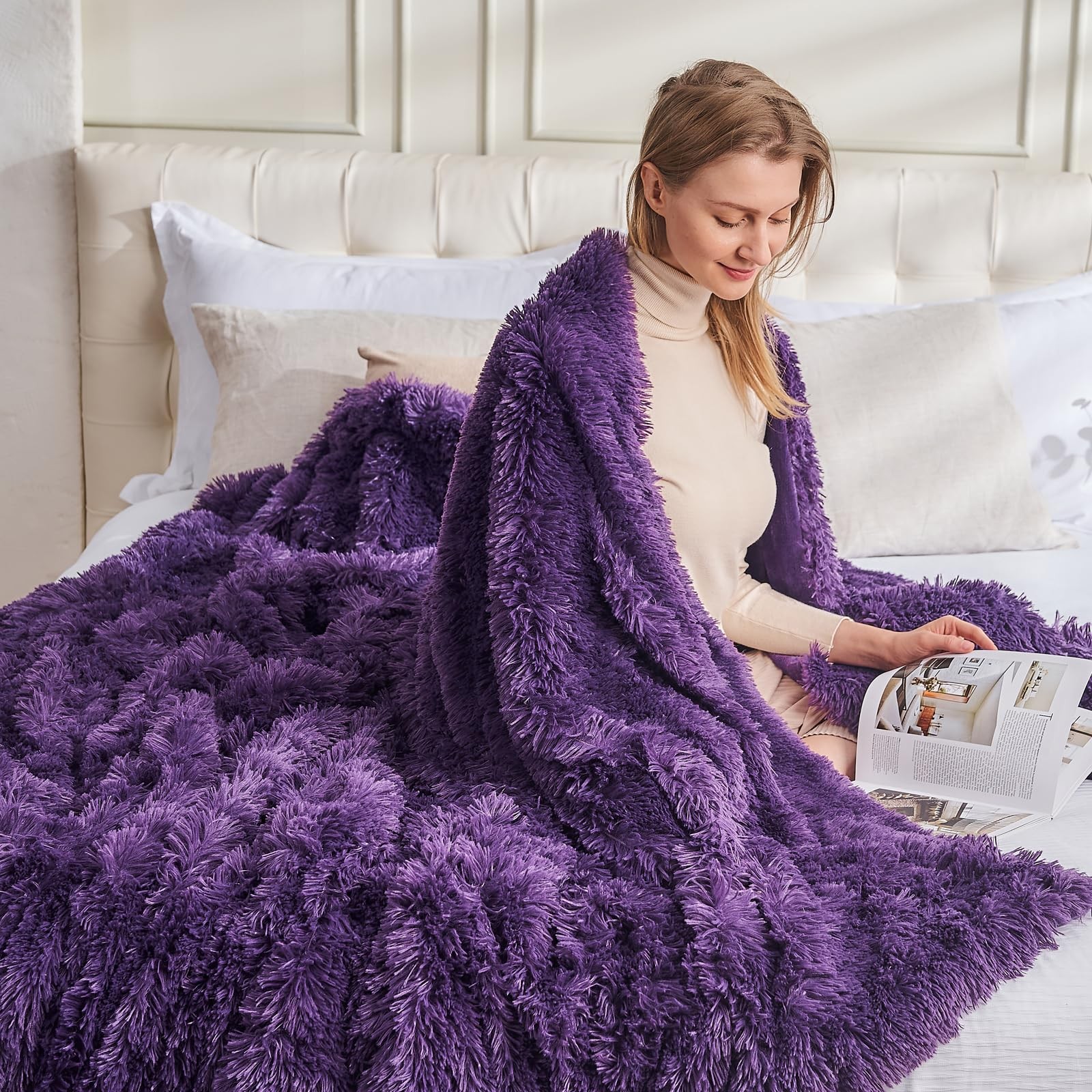 GONAAP Fuzzy Faux Fur Throw Blanket Purple Super Soft Throw(50″x60″),