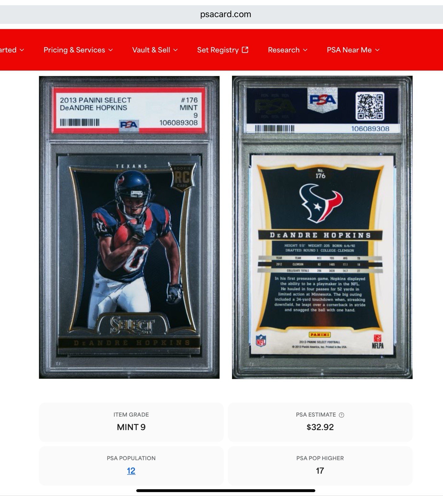 2013 Panini Select DEANDRE HOPKINS (RC) #176 PSA 9 Rookie Low Pop See Below !!!
