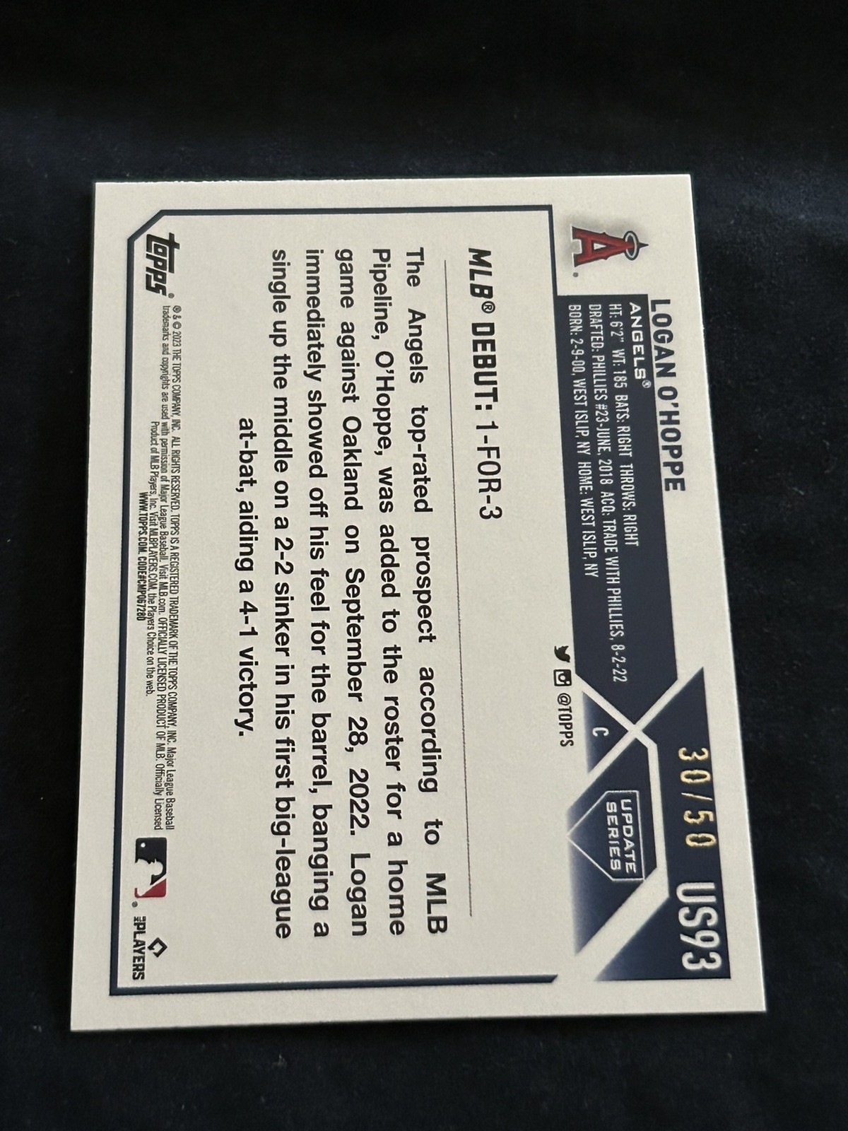 2023 Topps Update Mother’s Day Pink Logan O’Hoppe Rookie Debut 30/50 RC Angels