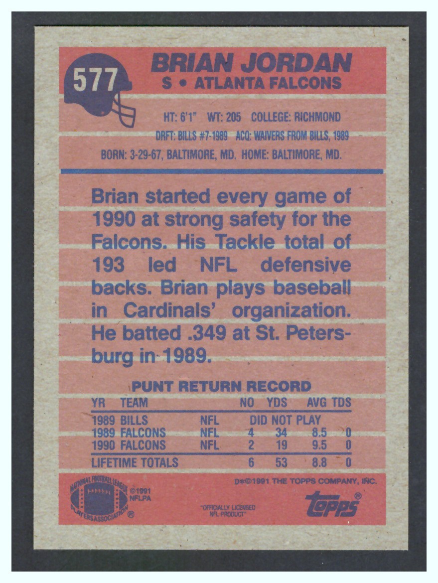 1991 Topps – Brian Jordan #577 Rookie Card with Deion Sanders – Atlanta Falcons
