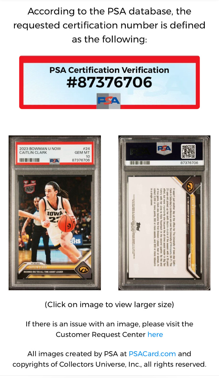 2023 BOWMAN U NOW CAITLIN CLARK ALL-TIME ASSIST LEADER IOWA HAWKEYES #24 PSA 10