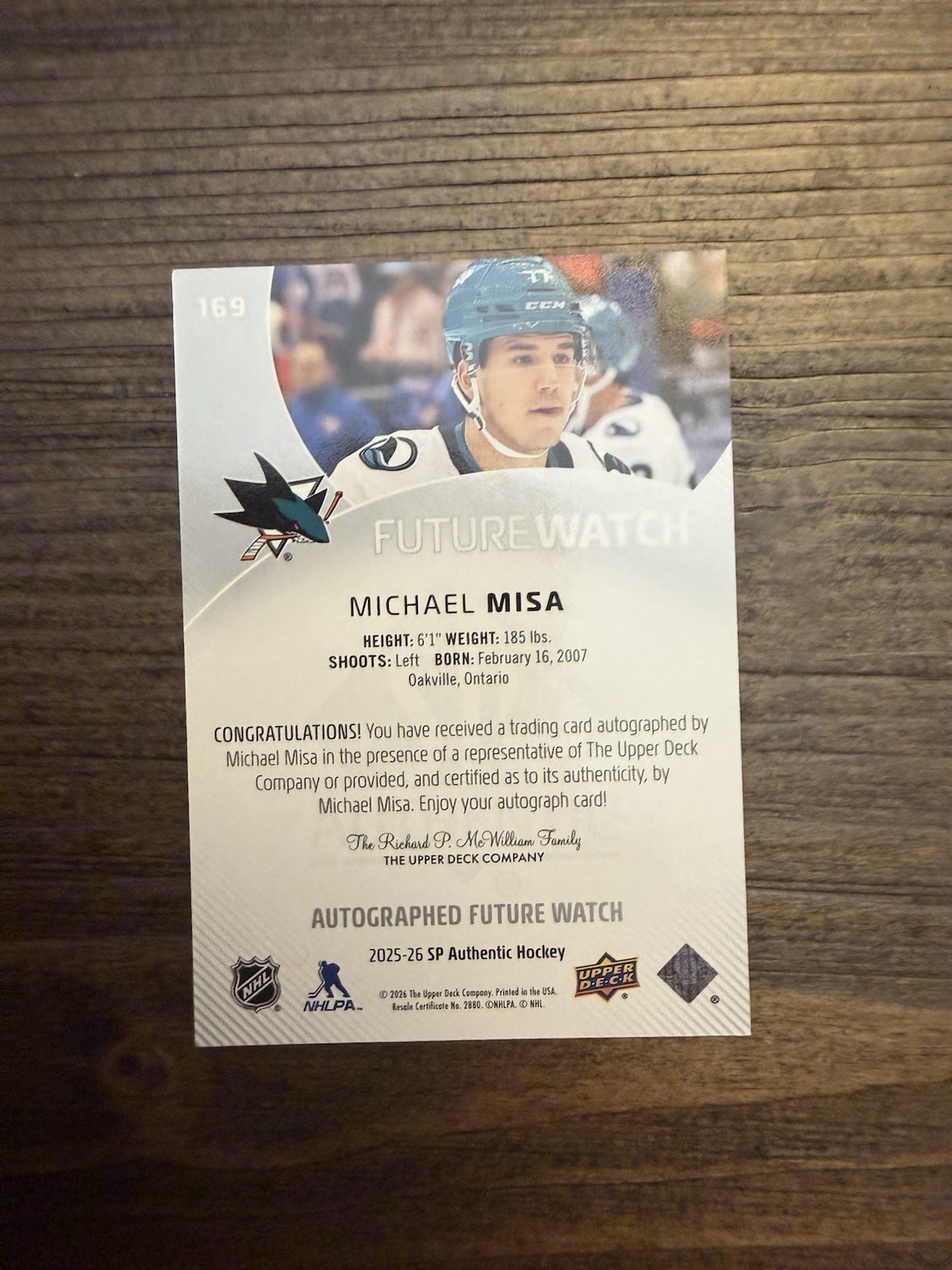 Upper Deck 2025-26 SP Authentic Michael Misa Sharks Future Watch Auto #169 /199