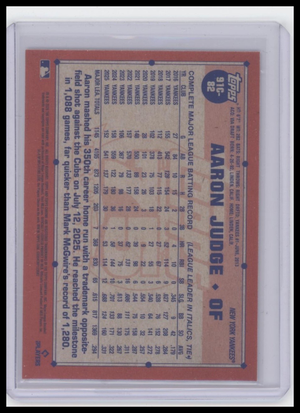 2026 Topps #91C-82 Aaron Judge 1991 Topps 35th Chrome Purple Refractor /250