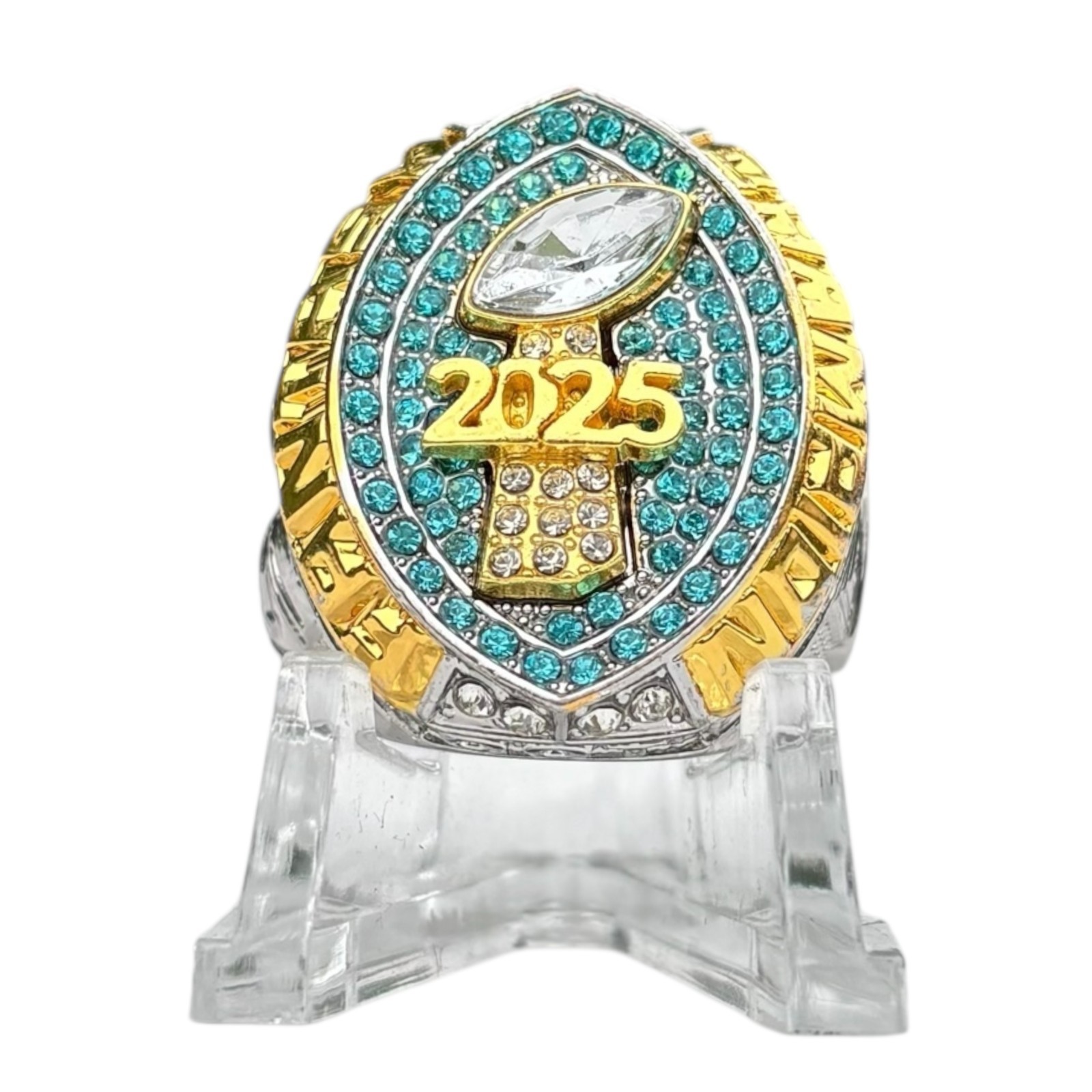 2025 Fantasy Football Championship Ring Gold + Silver Tone Light Blue stones