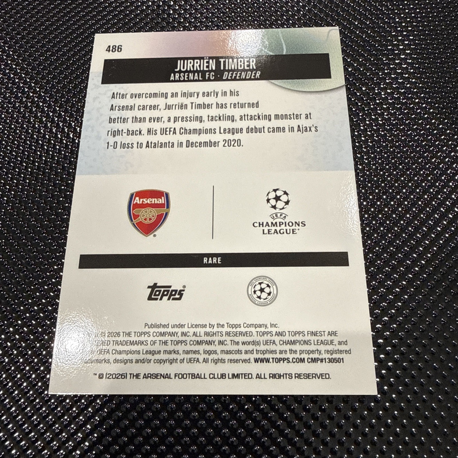 JURRIEN TIMBER 2025-26 TOPPS FINEST UCL RARE BLACK 08/10 #486 ARSENAL