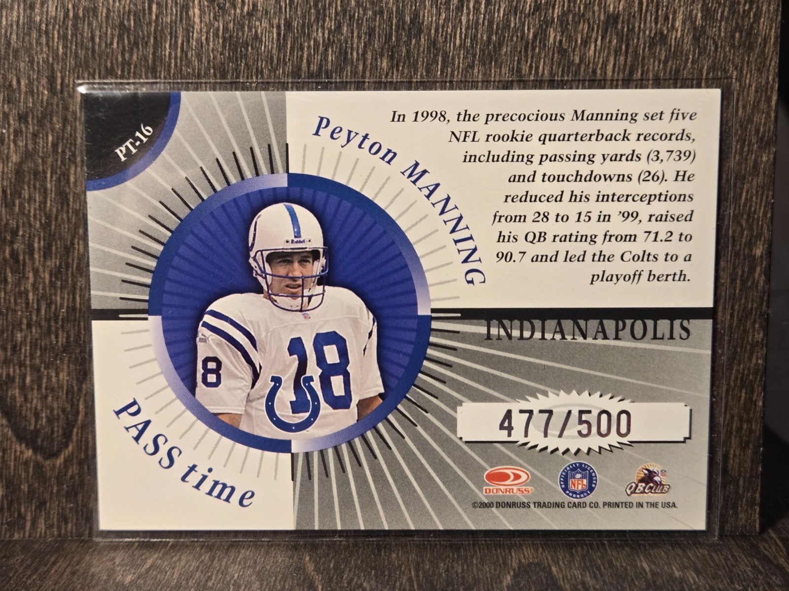 Peyton Manning 2000 Donruss Preferred Pass Time #PT-16 #D /500 Colts