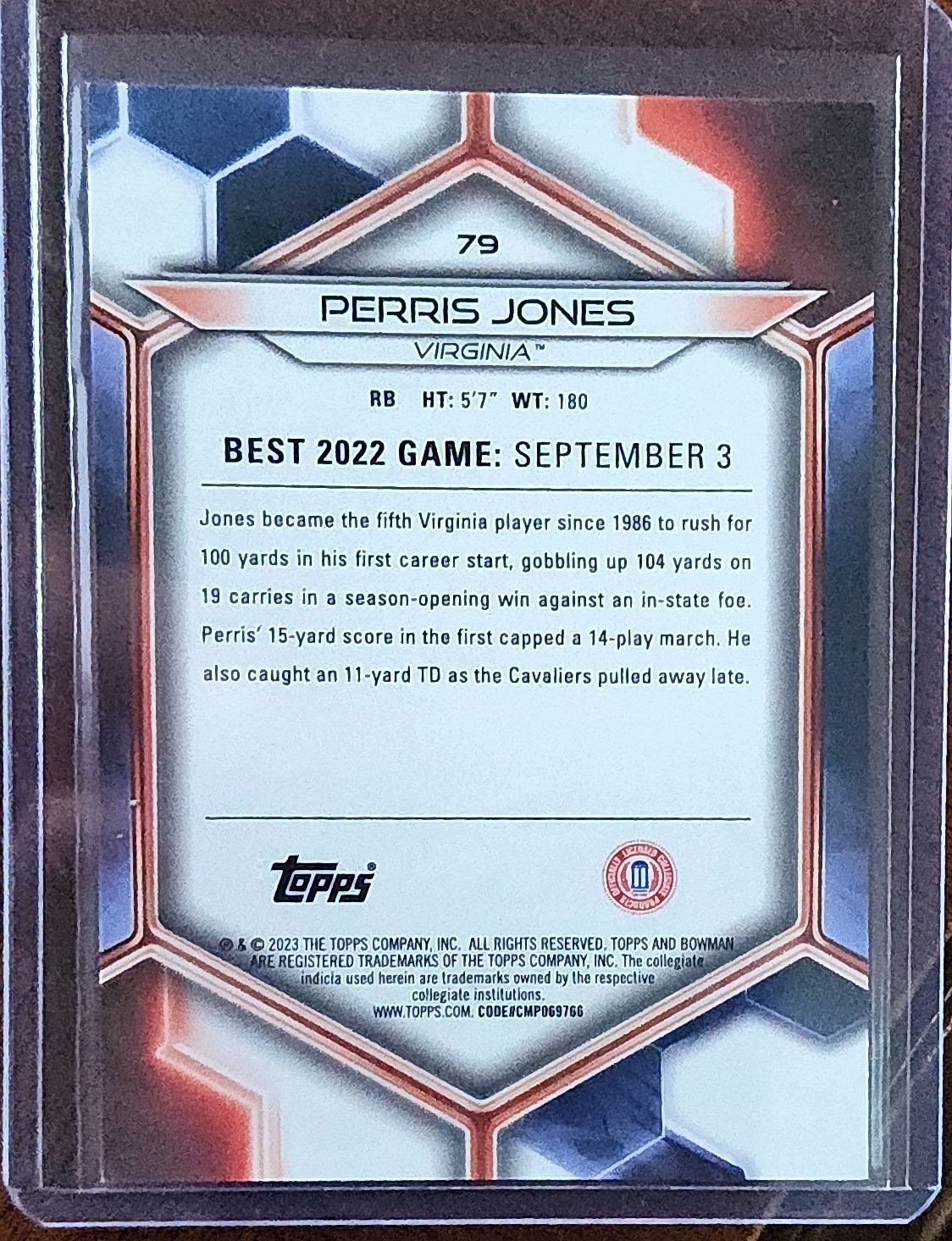 2023 Bowman’s Best University – Perris Jones #79 Gold Refractor /50 (RC)