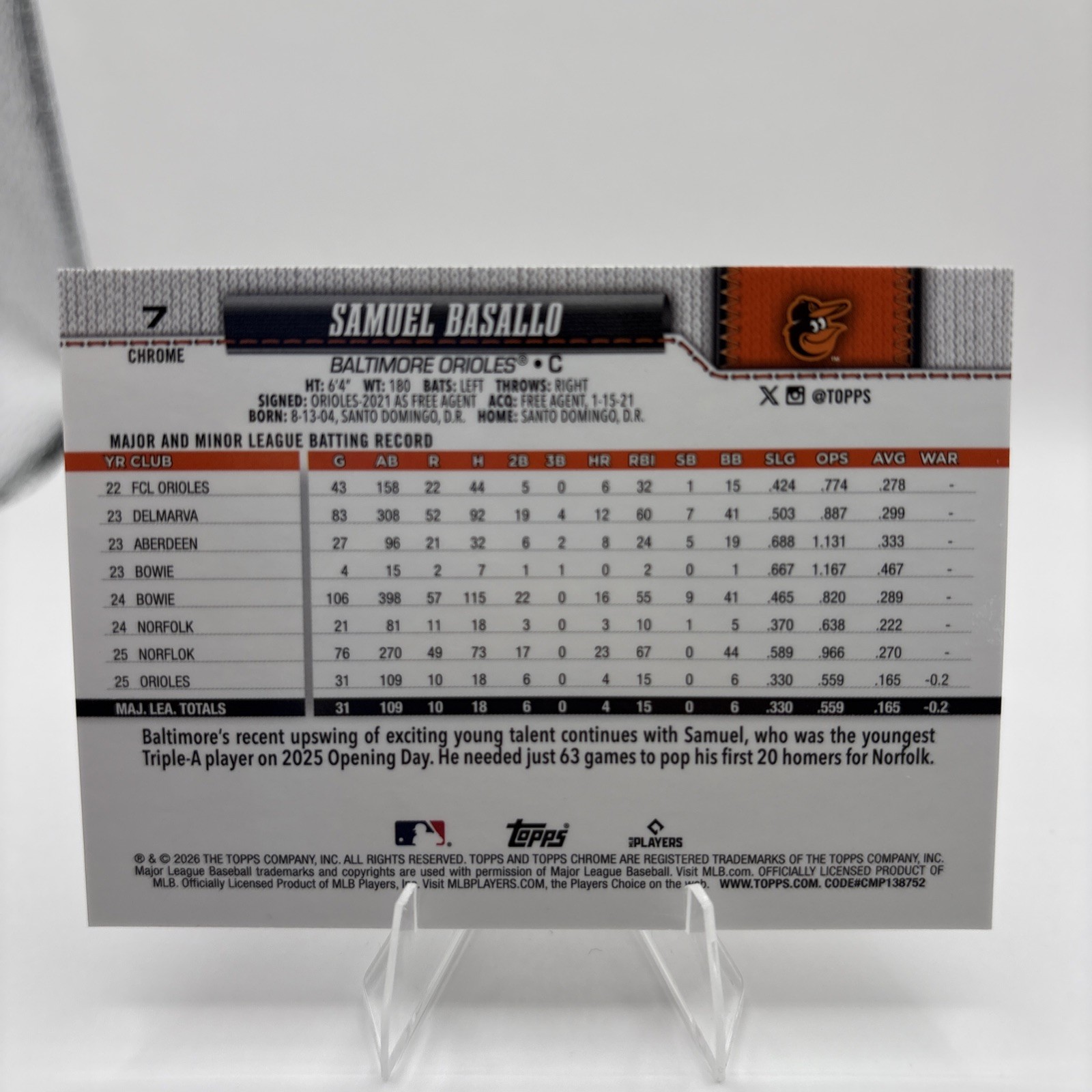 Samuel Basallo Rookie 2026 Topps Chrome RC #7 Orioles SP Image Variation