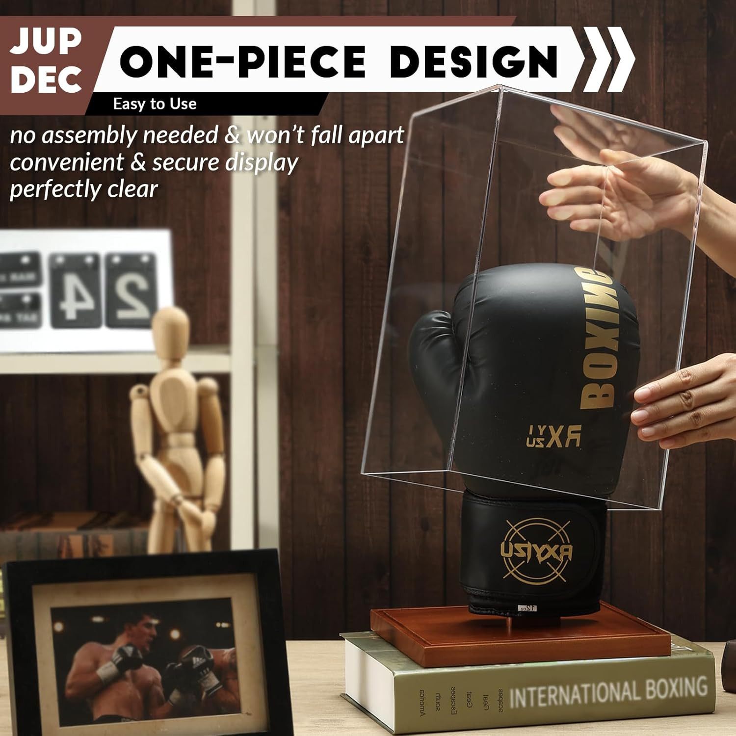 Boxing Glove Display Case, Clear Acrylic Showcase with Wood Base & Plank for Sin