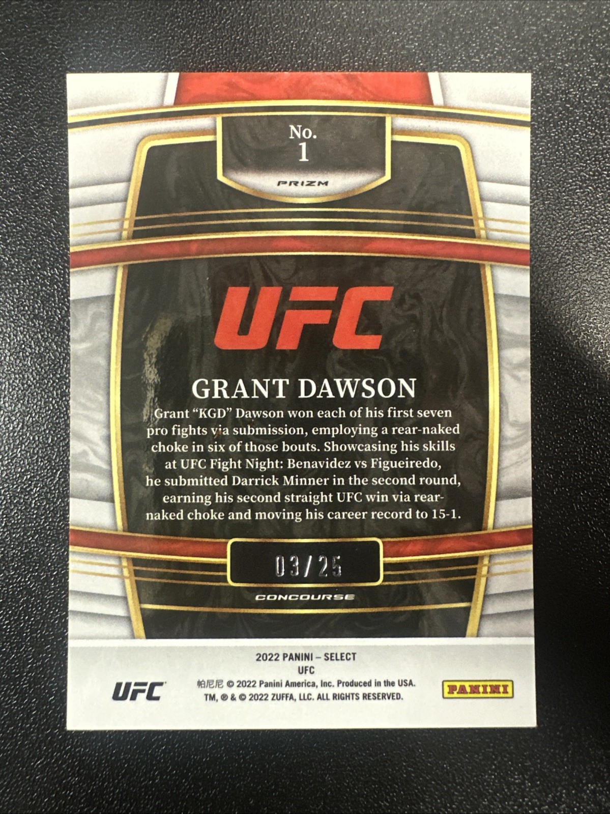 2022 Select UFC Grant Dawson Rookie Tie Dye Prizm 03/25 #1 NM JL