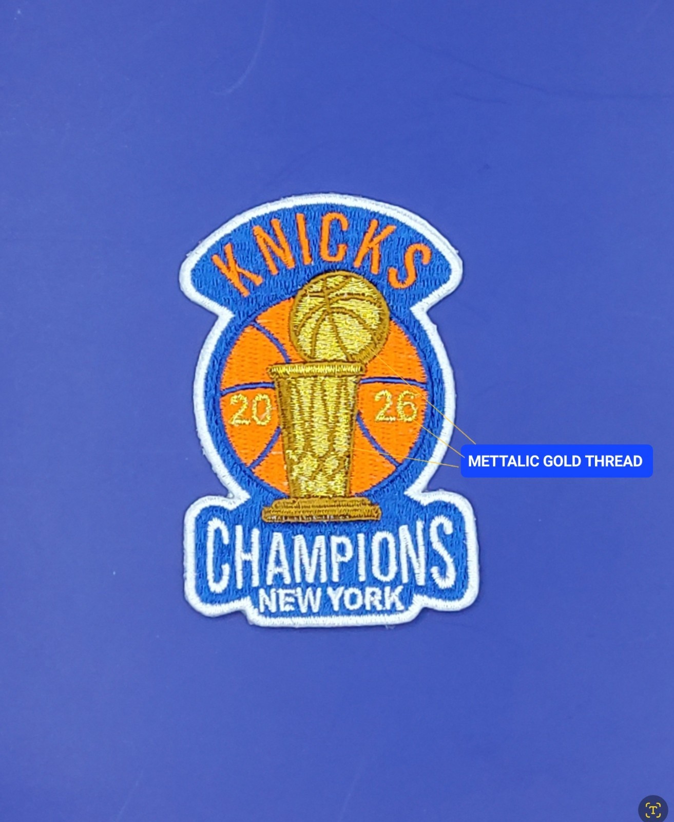 Metallic Gold Embroidered Champions Knicks Iron On Patch 3″