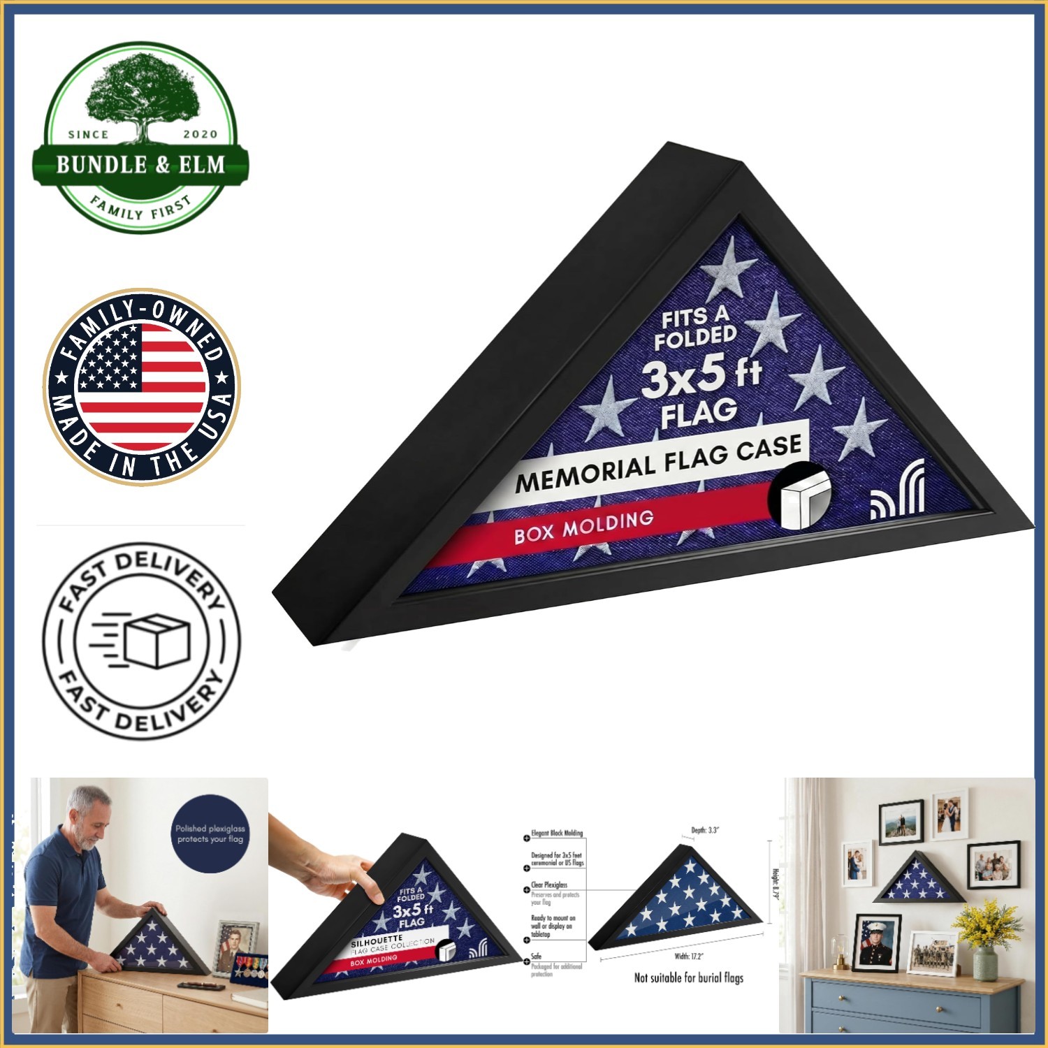 Stylish Black Flag Display Case for 3×5′ Ceremonial Flags – Triangular Shape