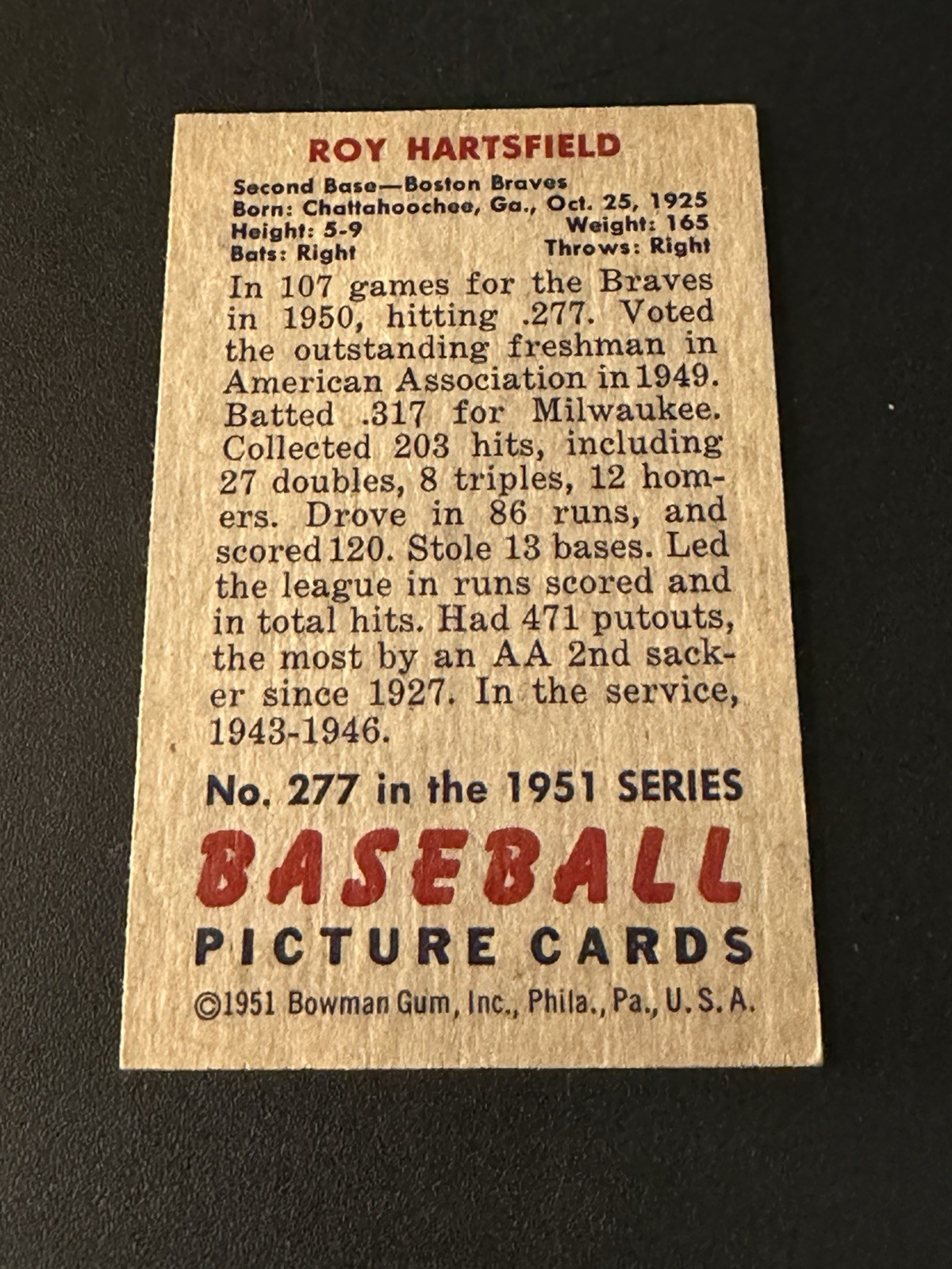 1951 Bowman Roy Hartsfield #277 Rookie RC