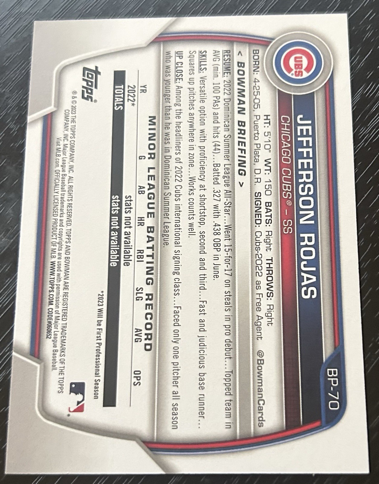 2023 1st Bowman Paper Jefferson Rojas True Orange Parallel #04/25 Cubs #1