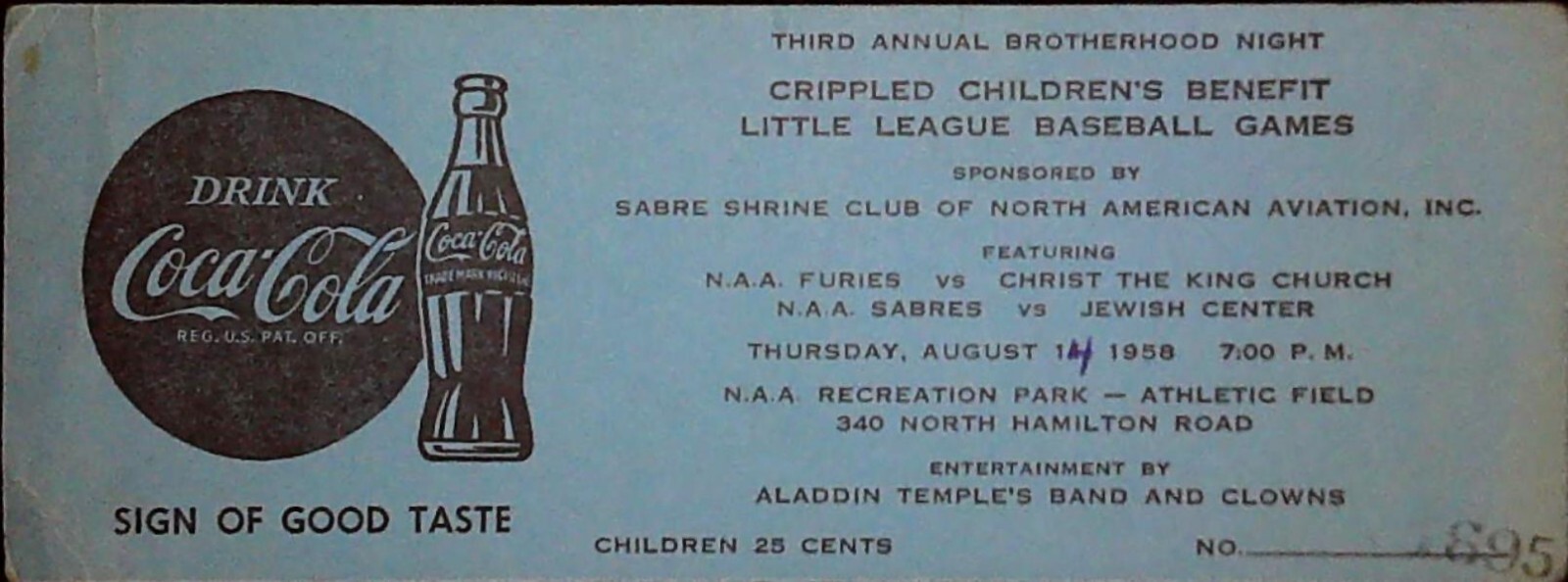 Crippled Childrens Benefit Baseball Ticket Stub NAA Brotherhood 1958 Game
