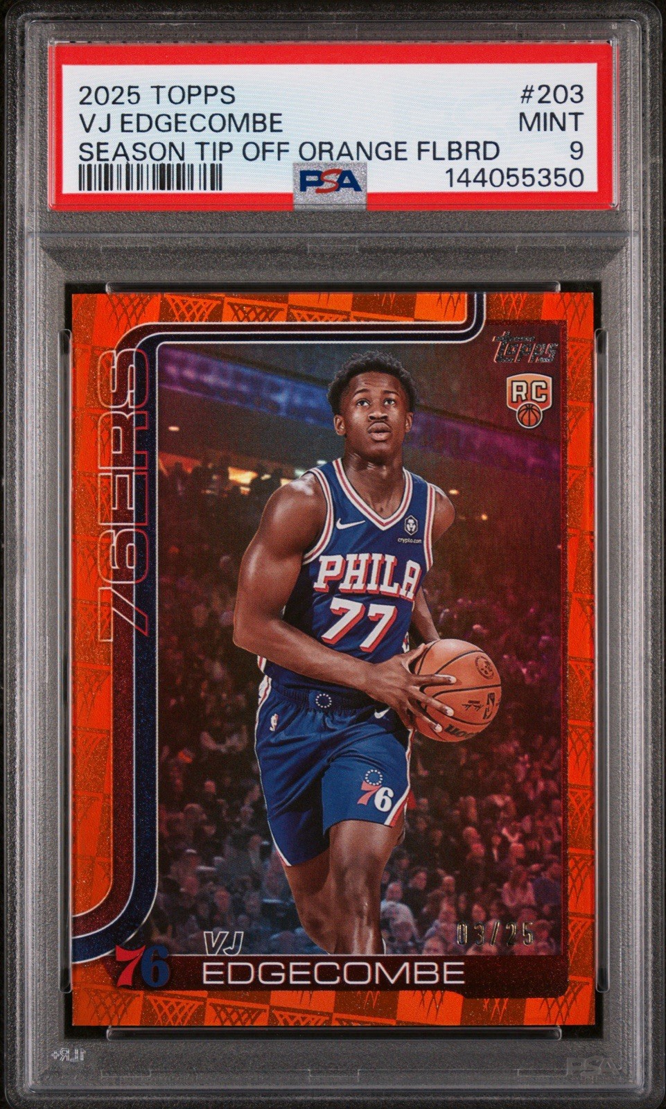 2025-26 Topps VJ Edgecombe #203 Orange Foil /25 PSA 9 Rookie Season Tip Off