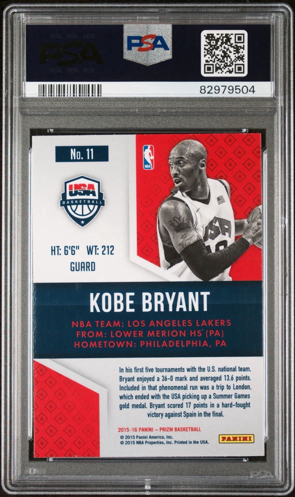 2015 Panini Prizm – USA Basketball #11 – Kobe Bryant – PSA 10 GEM MT