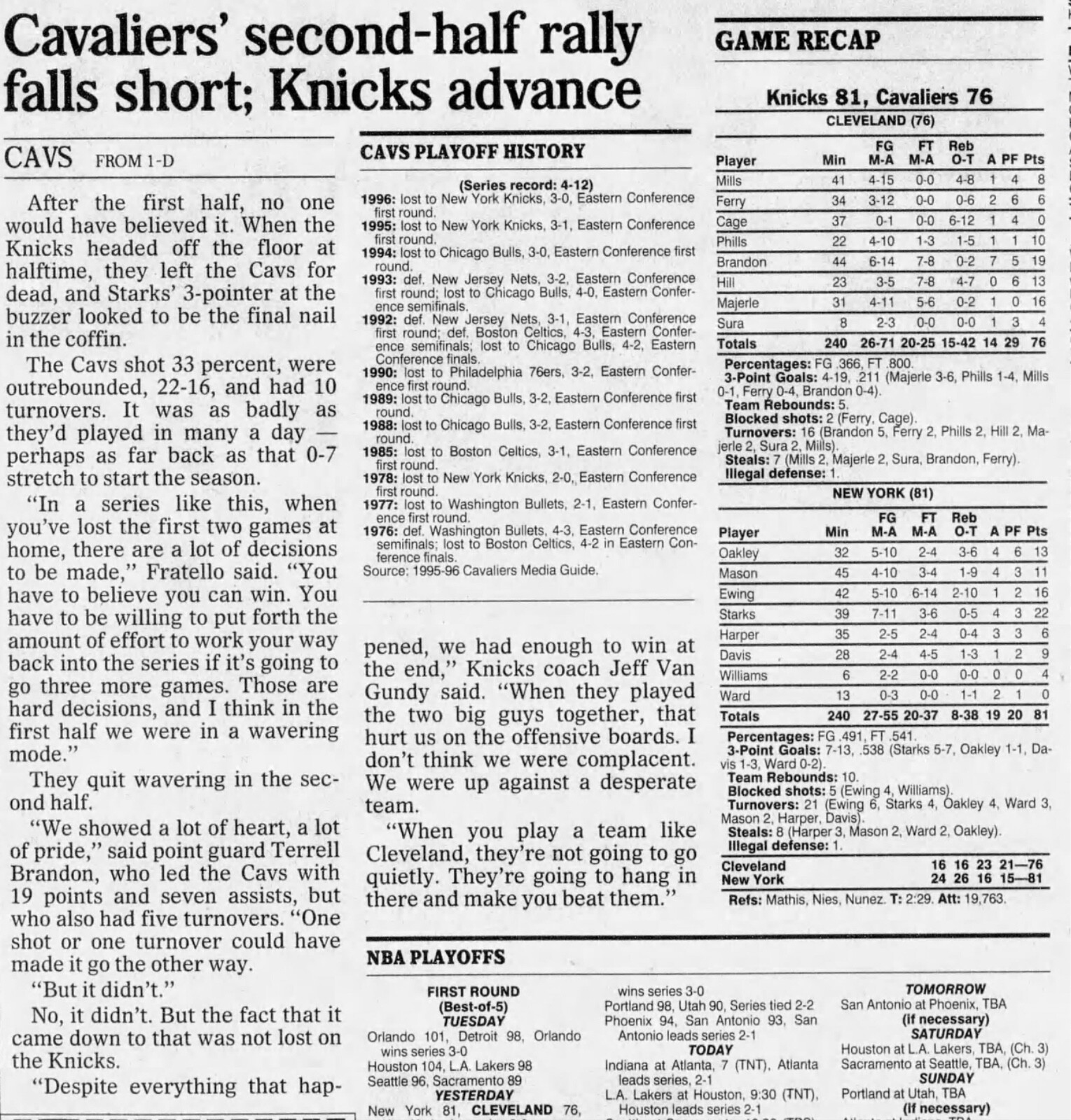 Patrick Ewing 16pt 10rb 5-1-1996 Ticket Stub Knicks Cavs Rd1 Gm1 Starks 22pt