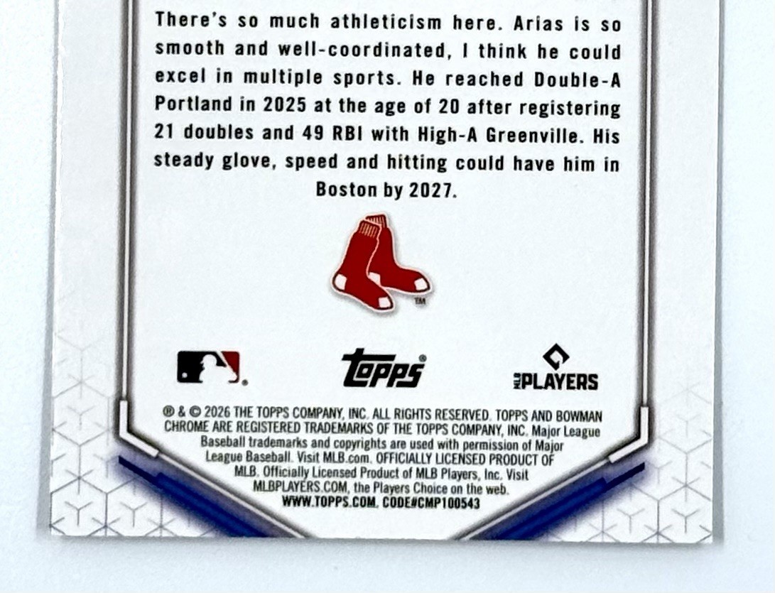 2026 Bowman Baseball Franklin Arias #BTP-26 Top 100 Prospects SP Boston Red Sox