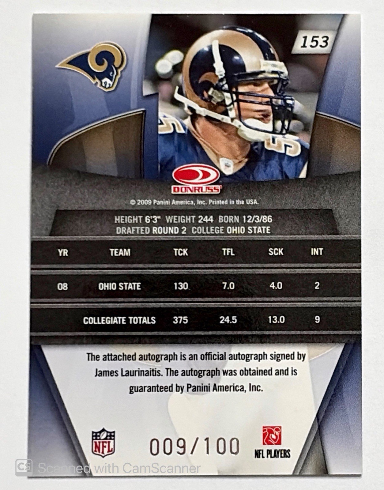 James Laurinaitis 2009 Donruss Gridiron Gear Auto Rams RC Autograph Rookie /100