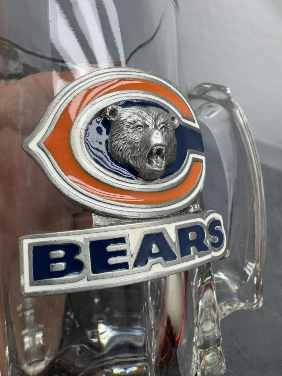 🏈 Chicago Bears Heavy Glass Beer Mug Stein, 3D Metal Emblem, NFL Barware