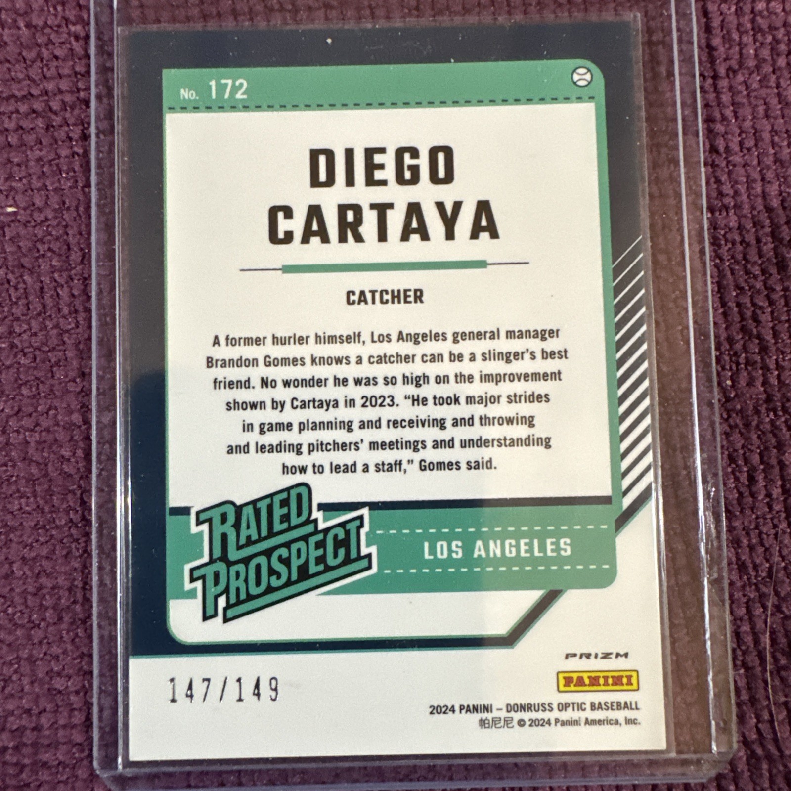 2024 Optic Rated Prospects Diego Cartaya Green Velocity Prizm 147/149 (RC)