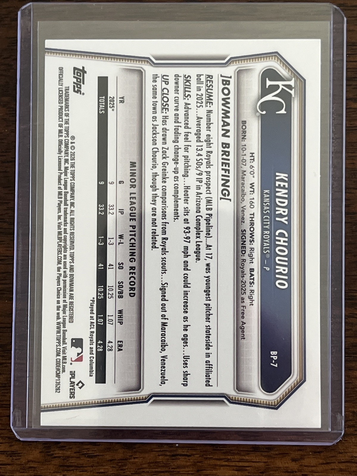 2026 Topps Bowman Paper Fuchsia #BP-7 Kendry Chourio 1st 286/299 Royals