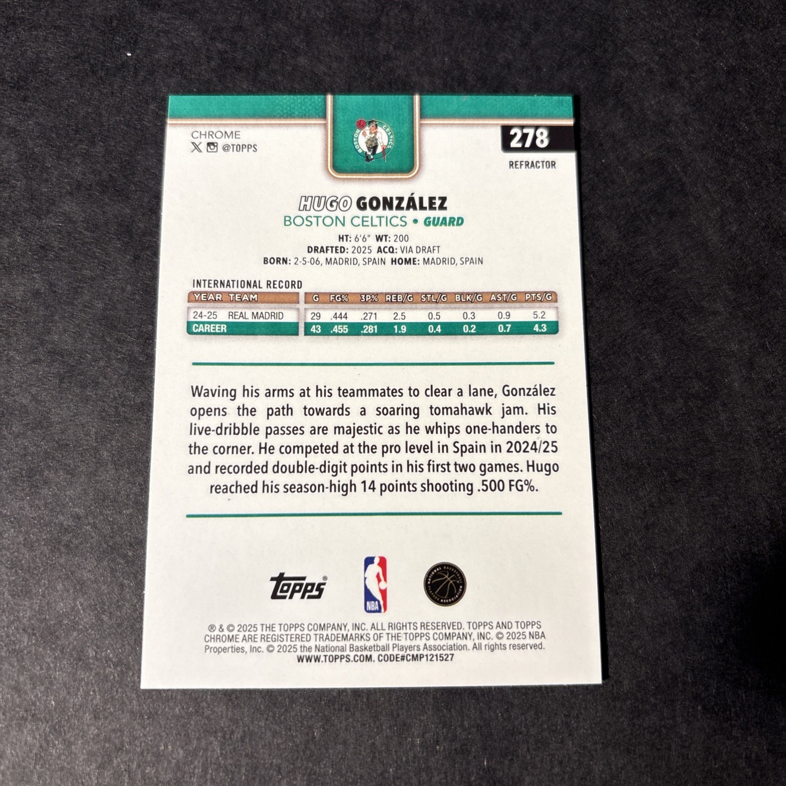 Hugo Gonzalez 2025/26 Topps Chrome Basketball Refractor RC #278
