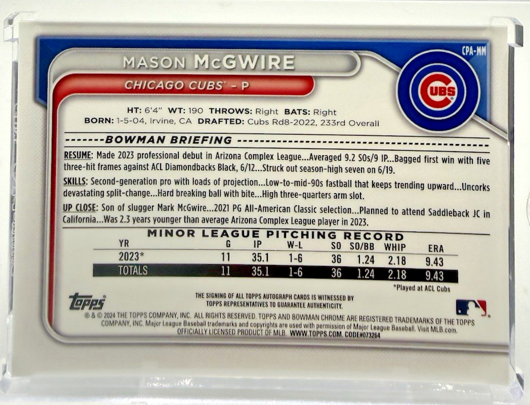 2024 Bowman Chrome Mason McGwire 1st Auto #CPA-MM Cubs