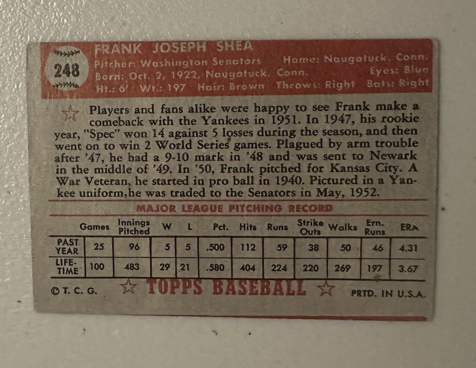 1952 Topps Frank Shea #248 New York Yankees