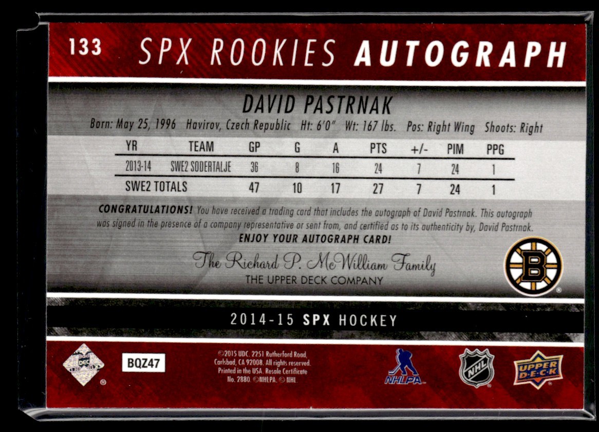 2014-15 SPx Rookies David Pastrnak RC Auto /199 Boston Bruins #133