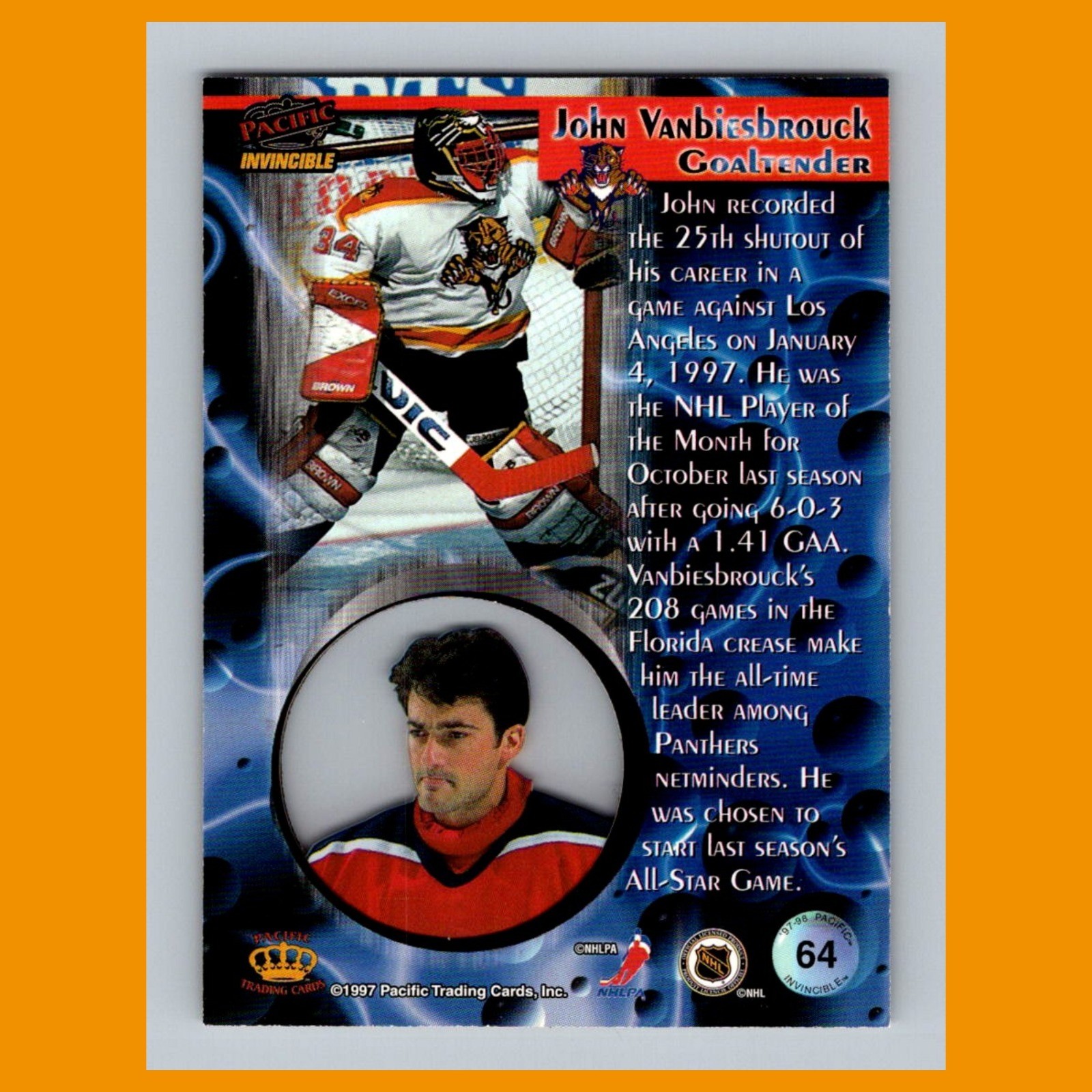 John Vanbiesbrouck #64 1997-98 Pacific Invincible Clear Window Florida Panthers