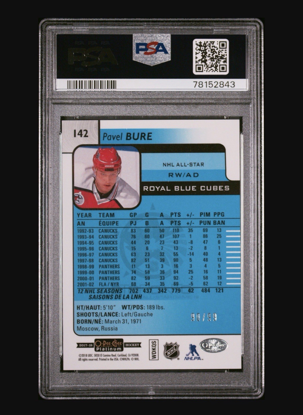 2017-18 OPC Platinum Royal Blue Cubes #142 Pavel Bure /99 PSA 9 Canucks Panthers
