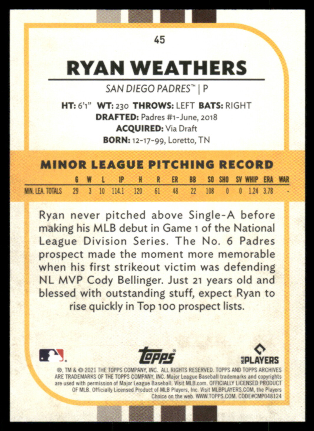 2021 Topps Archives Snapshots #45 Ryan Weathers